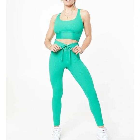 Year of Ours Green ribbed Football leggings and bra matching set S - Picture 1 of 9